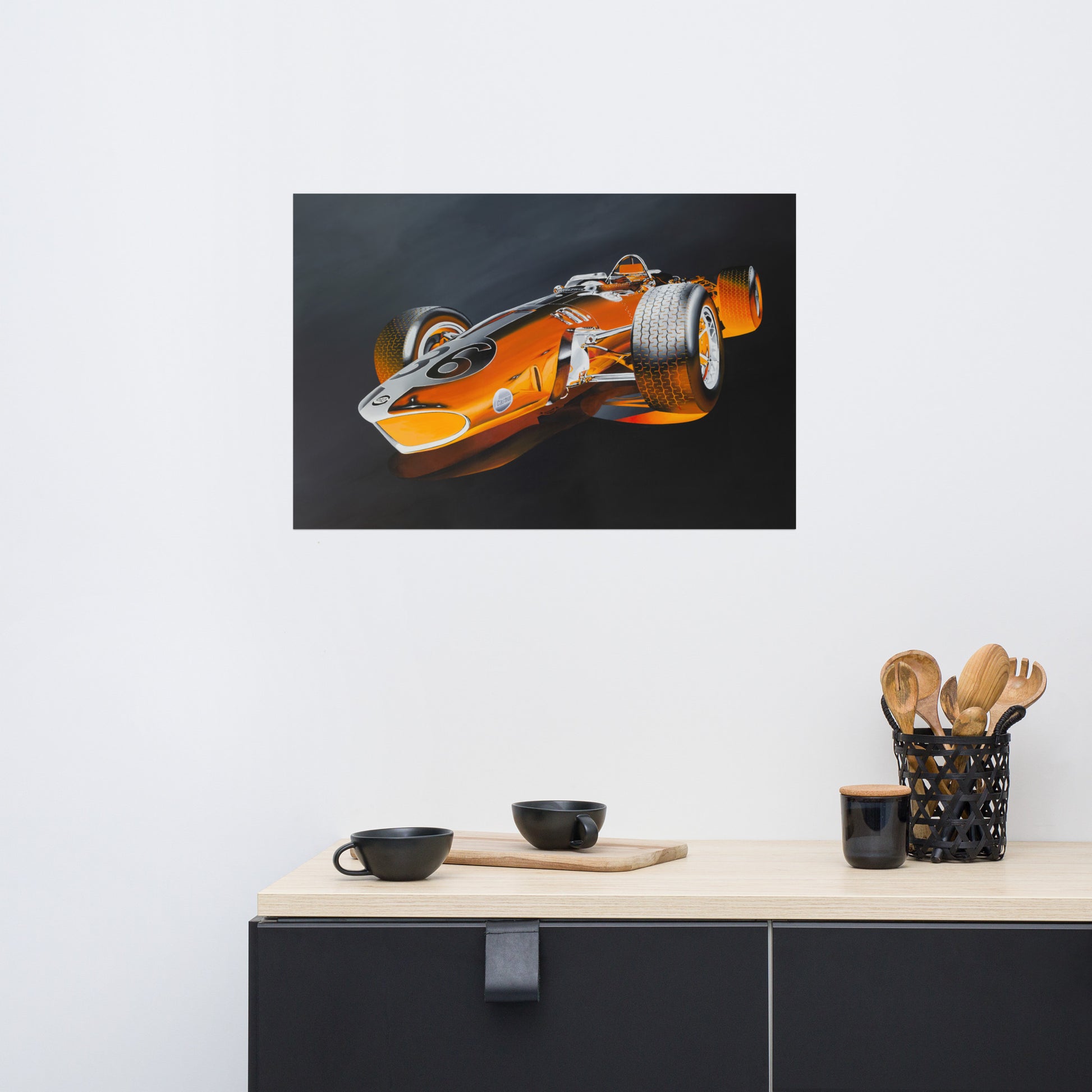 Custom orange version of the iconic Formula One car driven by Dan Gurney. High quality reproduction from original acrylic painting.