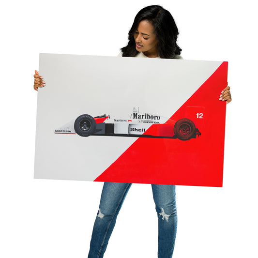 1988 McLaren Honda MP 4/4 metal print, with graphic element crossing and blending with race car, metal print poster held by woman
