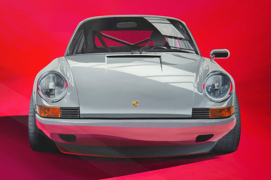 1972 Porsche 911 painting, front of car in silver against vibrant red background